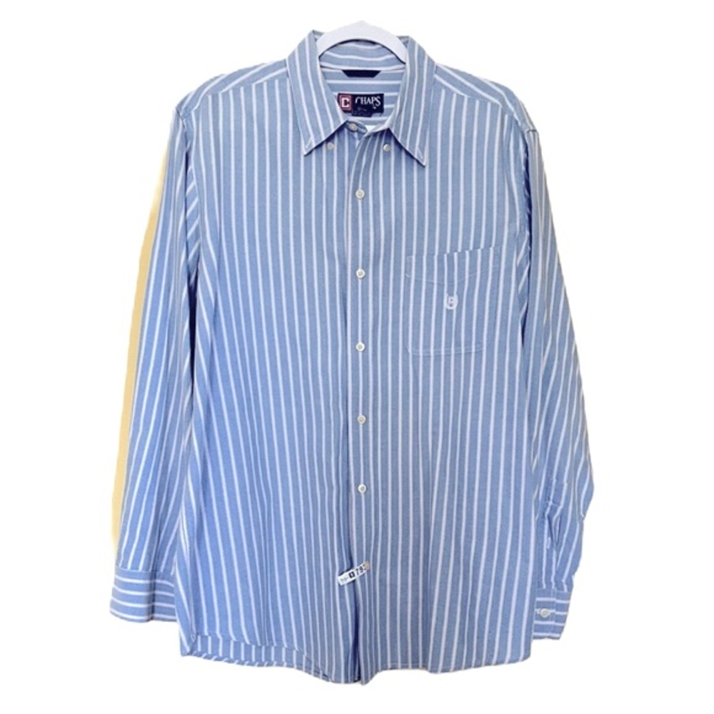 Chaps Button Down Sz L Long Sleeves Light Blue White Stripe with‎ White Crest